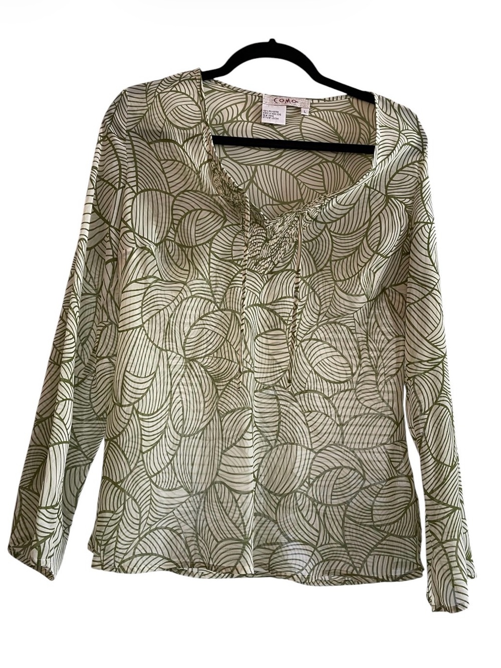 COMO - Olive Green Printed Long-Sleeve Peasant Blouse